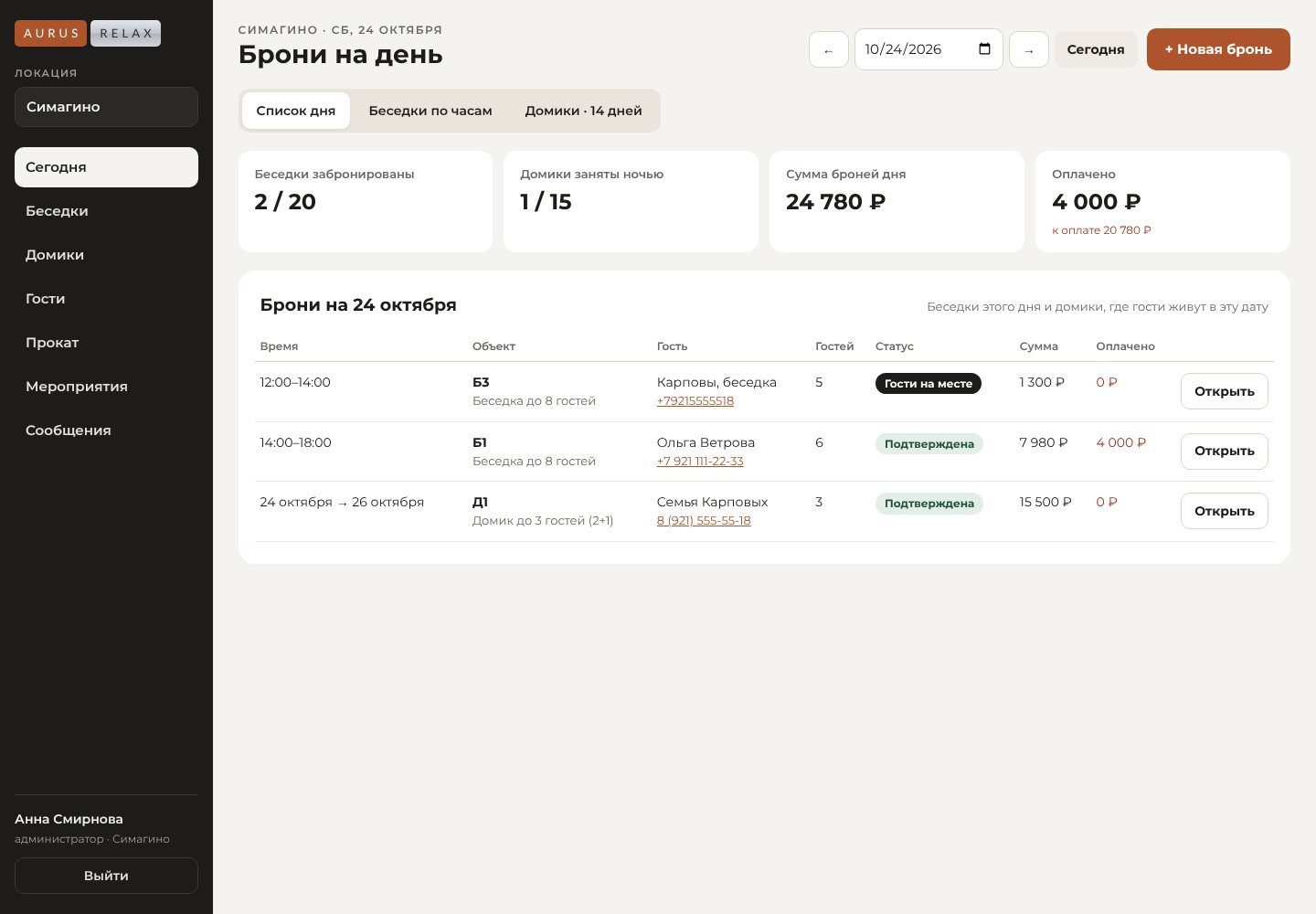 Кабинет администратора AURUS RELAX